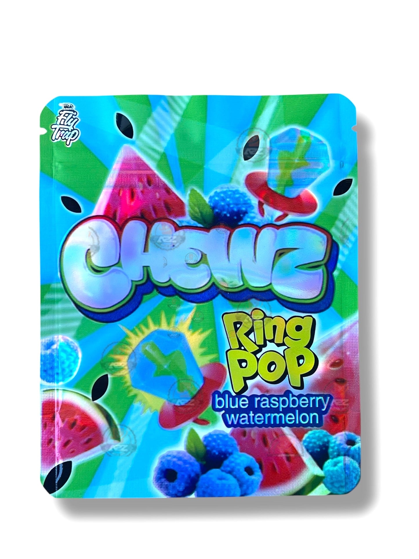 Fly Trap Chewz Blue Raspberry Watermelon Ring Pop Mylar Bag 3.5g