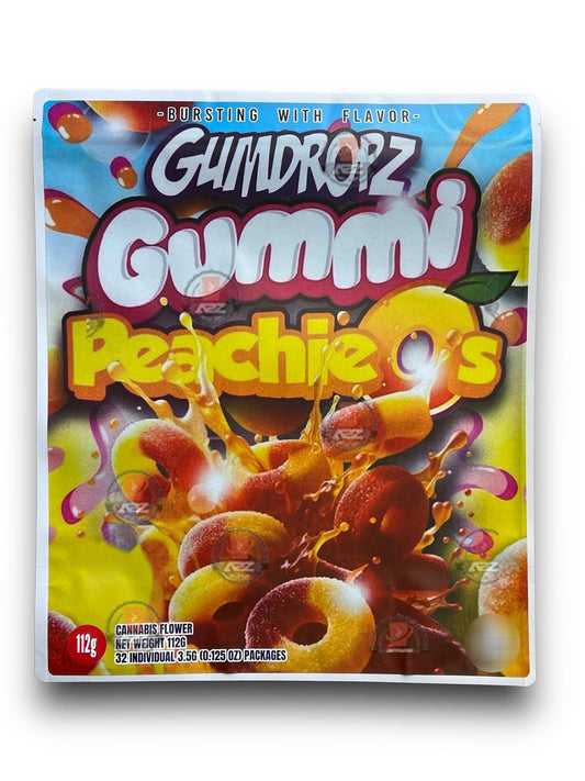 Gumdropz Gummi Peachieos 1 Pound Mylar Bag Net Weight 112G Packaging Only