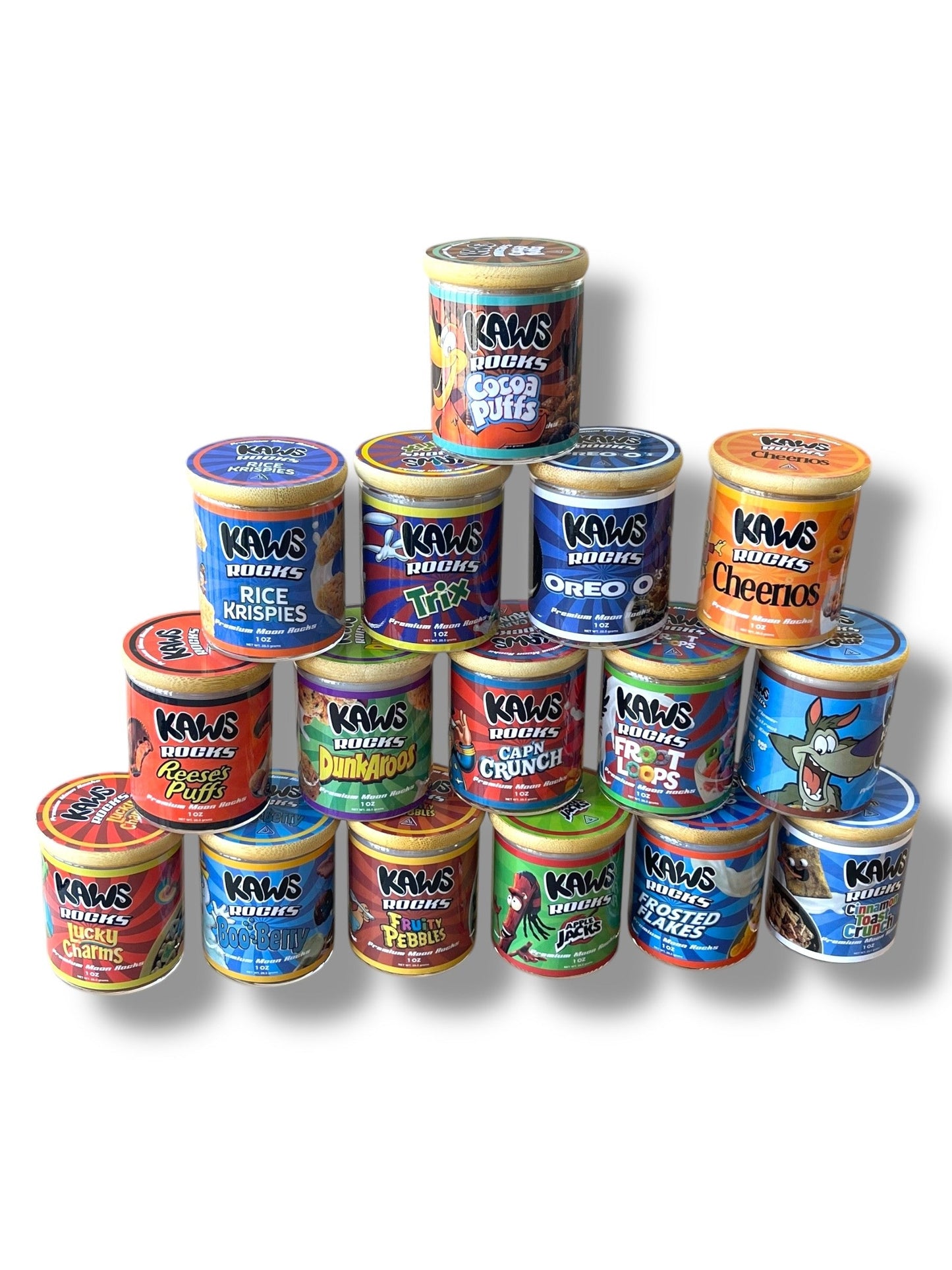 Kawz Moon Rocks Cereal Edition 1oz Glass Jars - Varity Pack 16 Strains in box Empty Jars