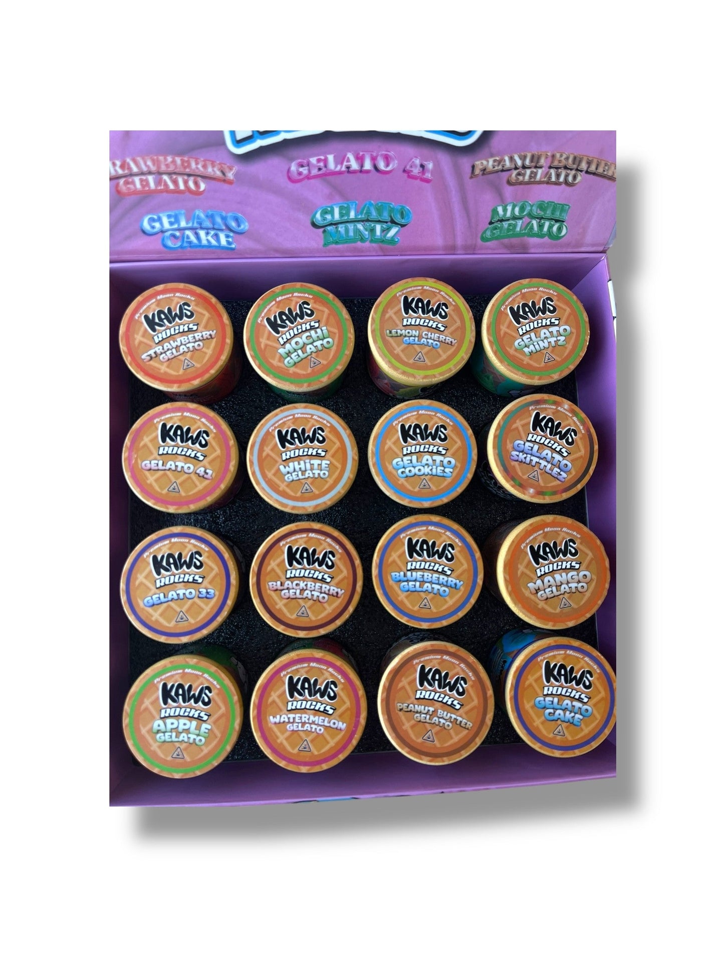 Kawz Moon Rocks Gelato Edition 1oz Glass Jars - Varity Pack 16 Strains in box Empty Jars
