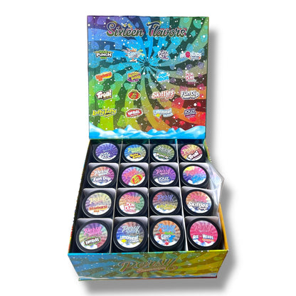 Persy Snowcaps Candy Edition 16-1oz Glass Jars - Varity Pack 16 Flavors in box 1 pound -Empty Jars