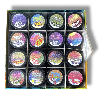 Persy Snowcaps Candy Edition 16-1oz Glass Jars - Varity Pack 16 Flavors in box 1 pound -Empty Jars