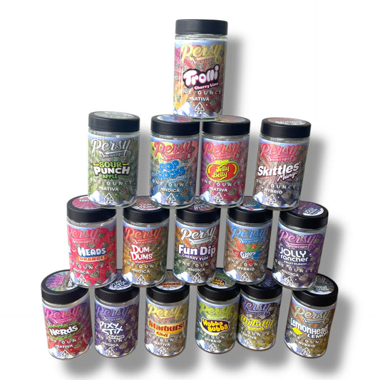 Persy Snowcaps Candy Edition 16-1oz Glass Jars - Varity Pack 16 Flavors in box 1 pound -Empty Jars