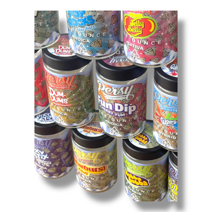 Persy Snowcaps Candy Edition 16-1oz Glass Jars - Varity Pack 16 Flavors in box 1 pound -Empty Jars