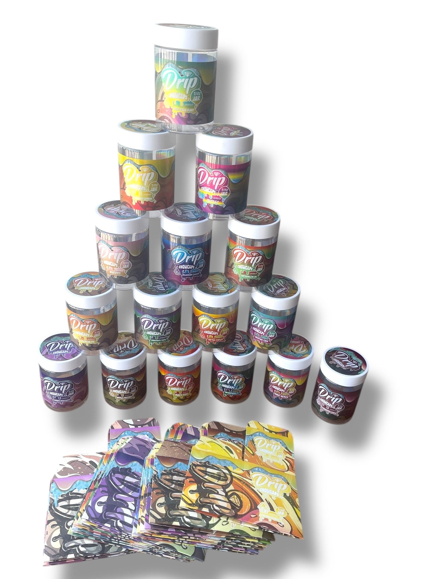 Drip Snowcaps  16-1oz Plastic Jars - Varity Pack 16 Flavors in box 1 pound with outer box Empty Jars