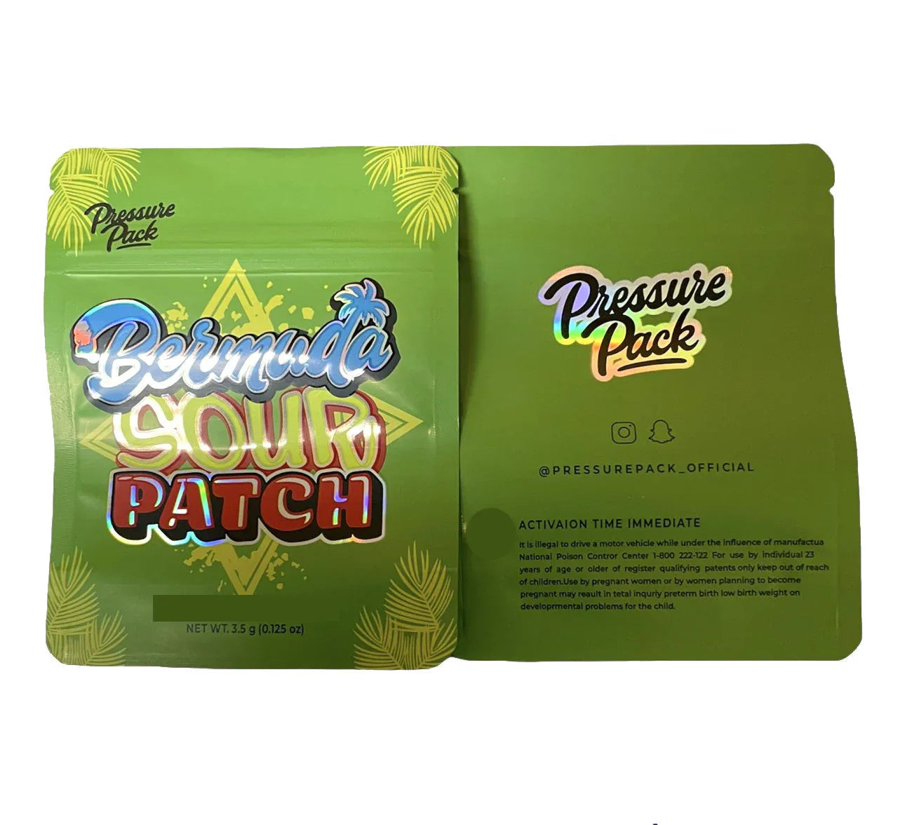 Pressure Pack Bermuda Sour Patch Holographic Mylar bag 3.5g Smell Proof Airtight Holographic Mylar Bag- Packaging Only - Black Unicorn Hub