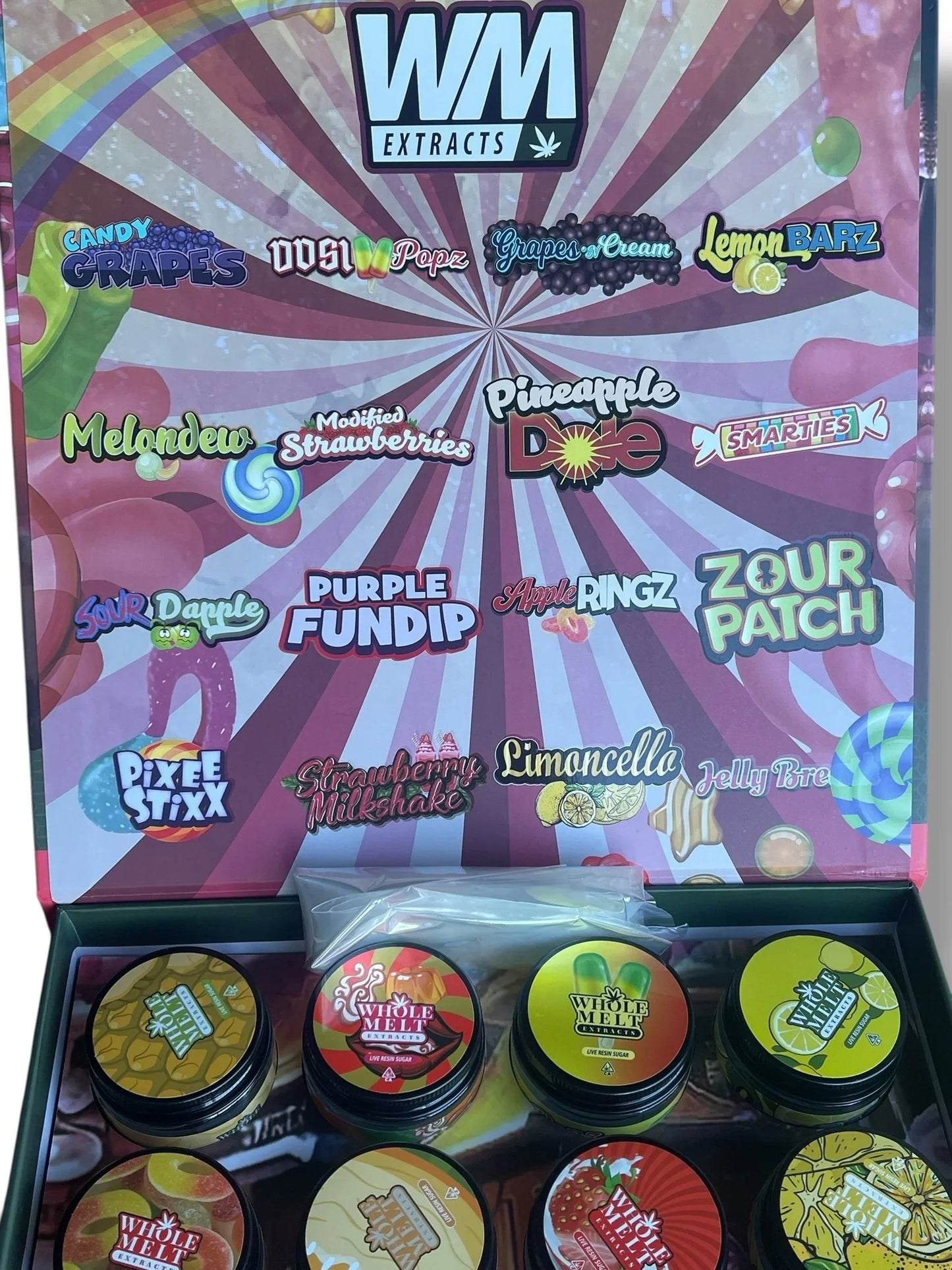 Whole Melt Candy Edition 1oz Glass Jars - Varity Pack 16 Strains in box Empty Jars - Black Unicorn Hub