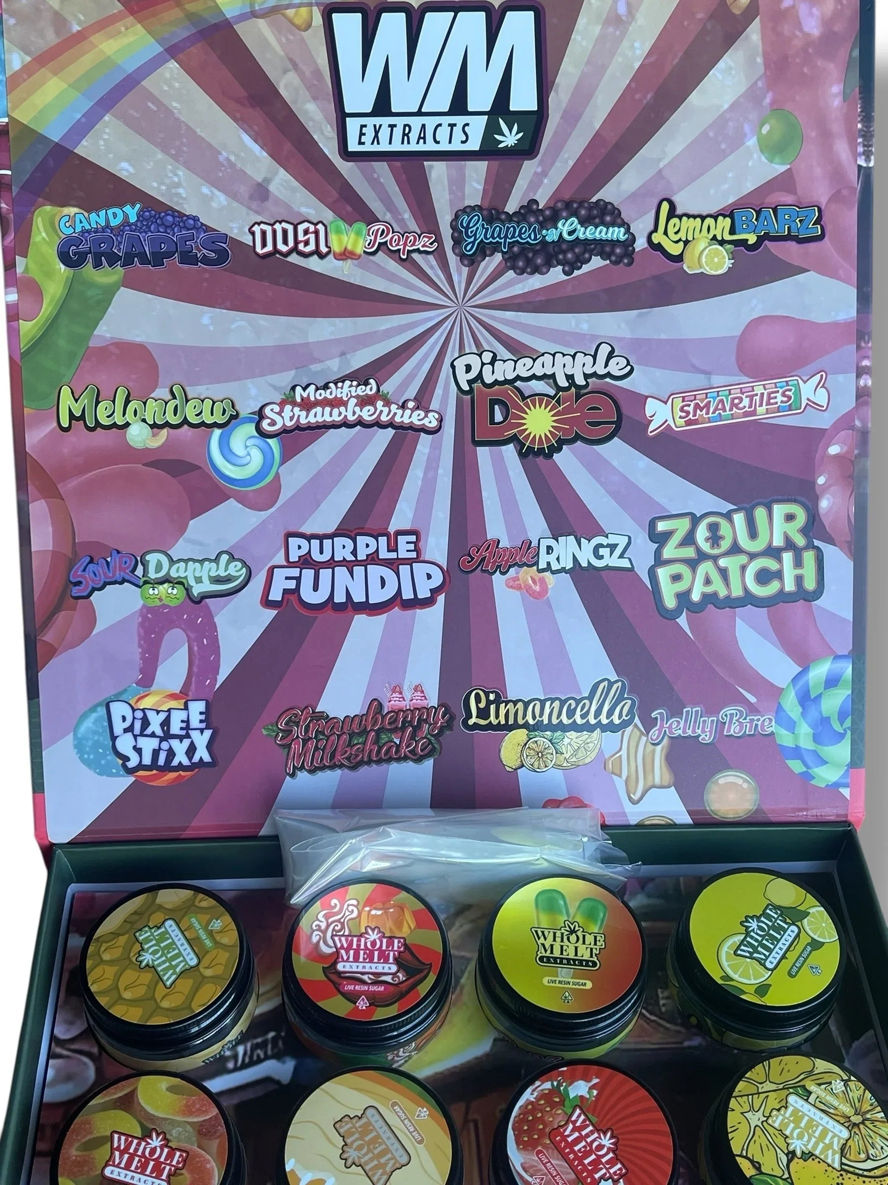 Whole Melt Candy Edition 1oz Glass Jars - Varity Pack 16 Strains in box Empty Jars - Black Unicorn Hub