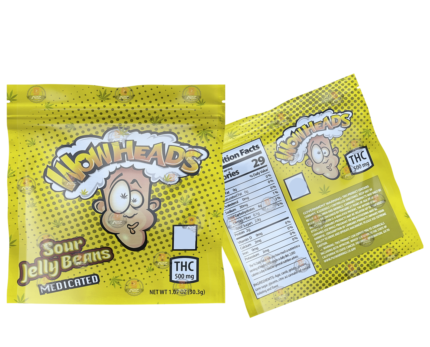 Wow Heads Sour Jelly Beans  500mg Mylar bags packaging only